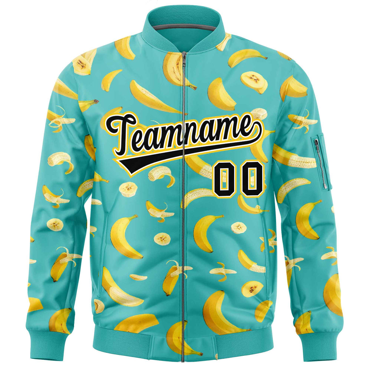 Custom Teal Varsity Full-Zip Banana Pattern Letterman Bomber Jacket | Graffiti Pattern | Embroidery&amp;Dye-sublimation printing | KXKSHOP