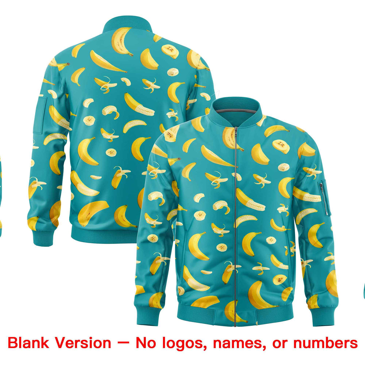 Custom Aqua Varsity Full-Zip Banana Pattern Letterman Bomber Jacket | Graffiti Pattern | Embroidery&amp;Dye-sublimation printing | KXKSHOP