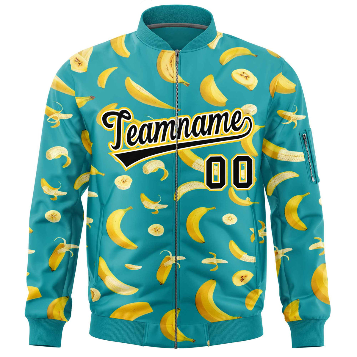 Custom Aqua Varsity Full-Zip Banana Pattern Letterman Bomber Jacket | Graffiti Pattern | Embroidery&amp;Dye-sublimation printing | KXKSHOP