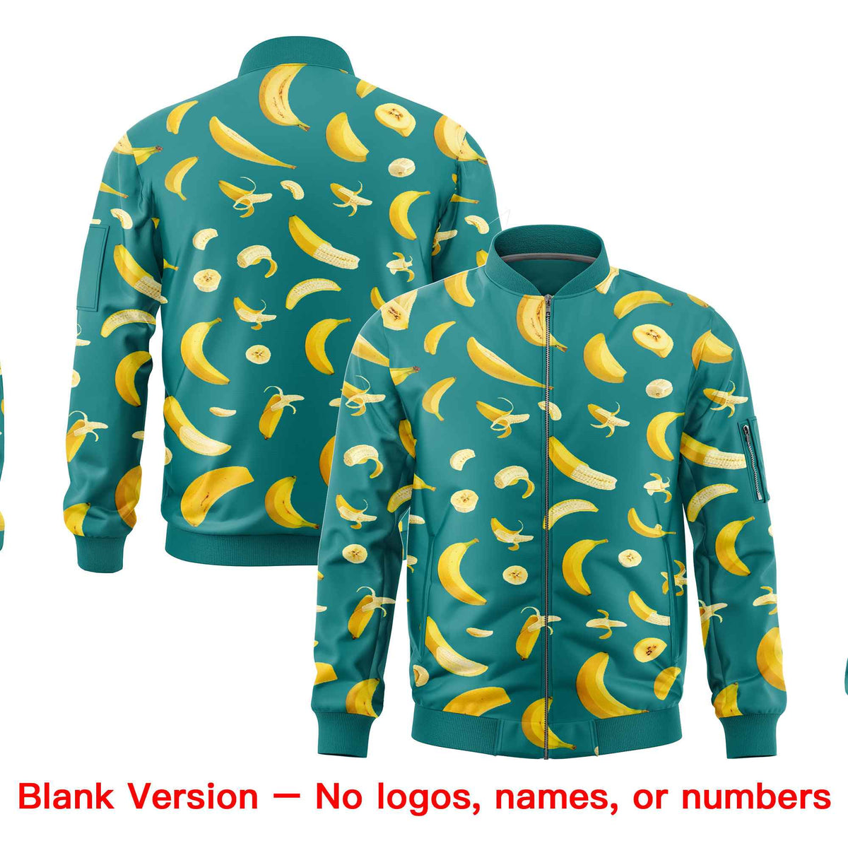 Custom Teal Varsity Full-Zip Banana Pattern Letterman Bomber Jacket | Graffiti Pattern | Embroidery&amp;Dye-sublimation printing | KXKSHOP
