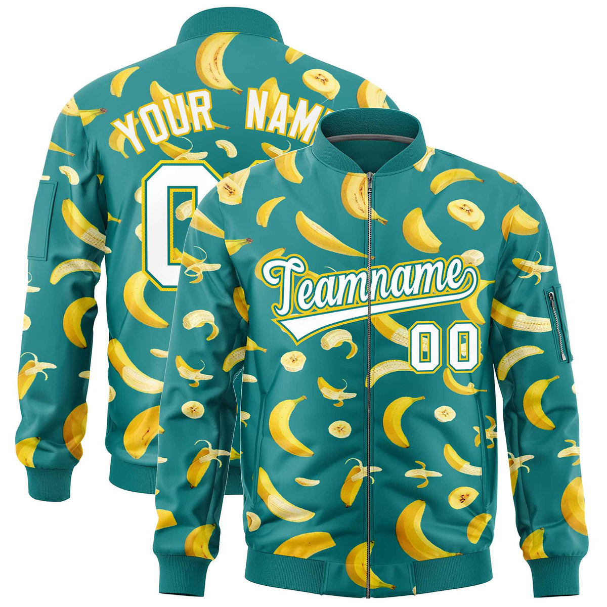 Custom Teal Varsity Full-Zip Banana Pattern Letterman Bomber Jacket | Graffiti Pattern | Embroidery&amp;Dye-sublimation printing | KXKSHOP