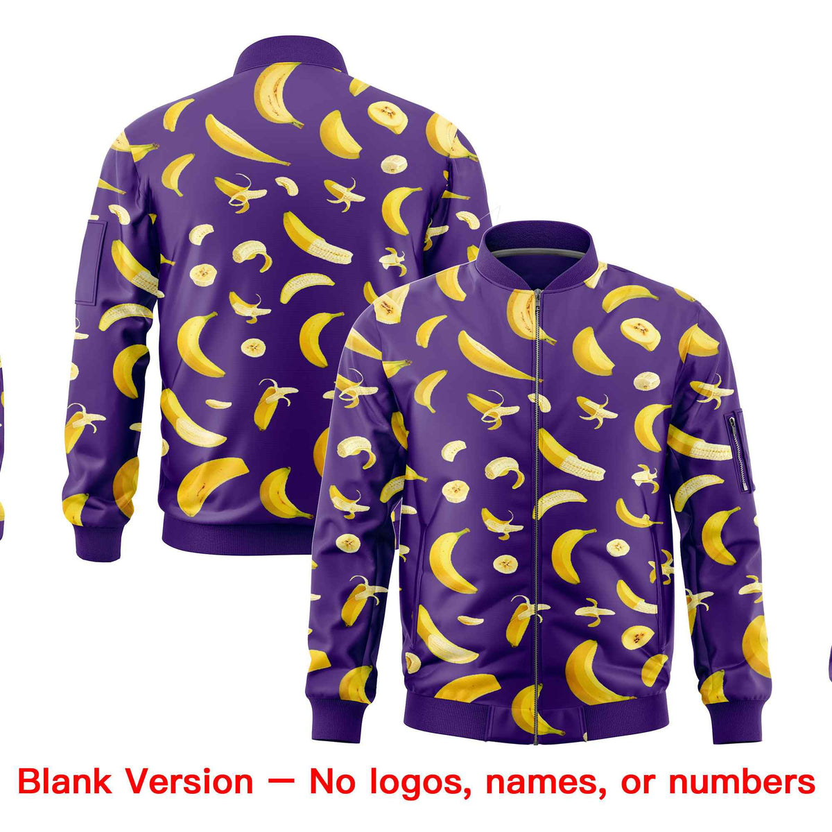 Custom Purple Varsity Full-Zip Banana Pattern Letterman Bomber Jacket | Graffiti Pattern | Embroidery&amp;Dye-sublimation printing | KXKSHOP