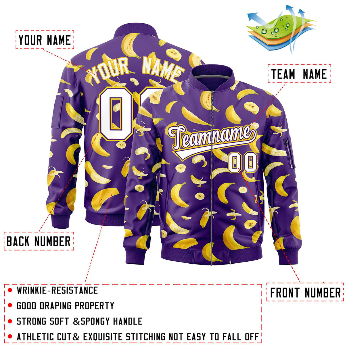 Custom Purple Varsity Full-Zip Banana Pattern Letterman Bomber Jacket | Graffiti Pattern | Embroidery&amp;Dye-sublimation printing | KXKSHOP