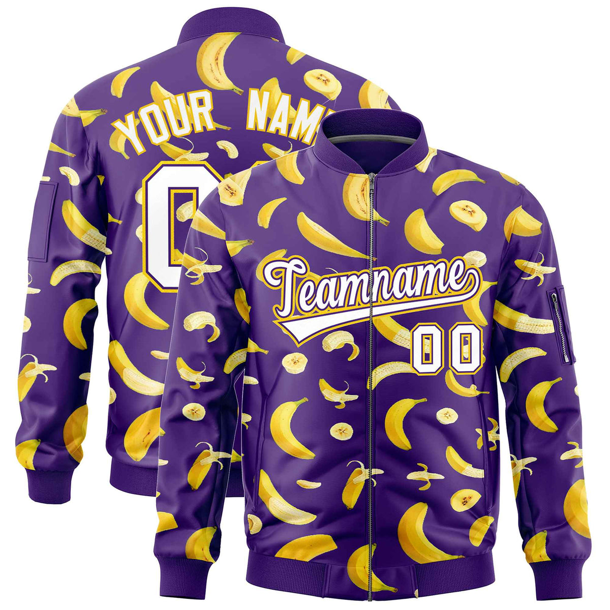 Custom Purple Varsity Full-Zip Banana Pattern Letterman Bomber Jacket | Graffiti Pattern | Embroidery&amp;Dye-sublimation printing | KXKSHOP