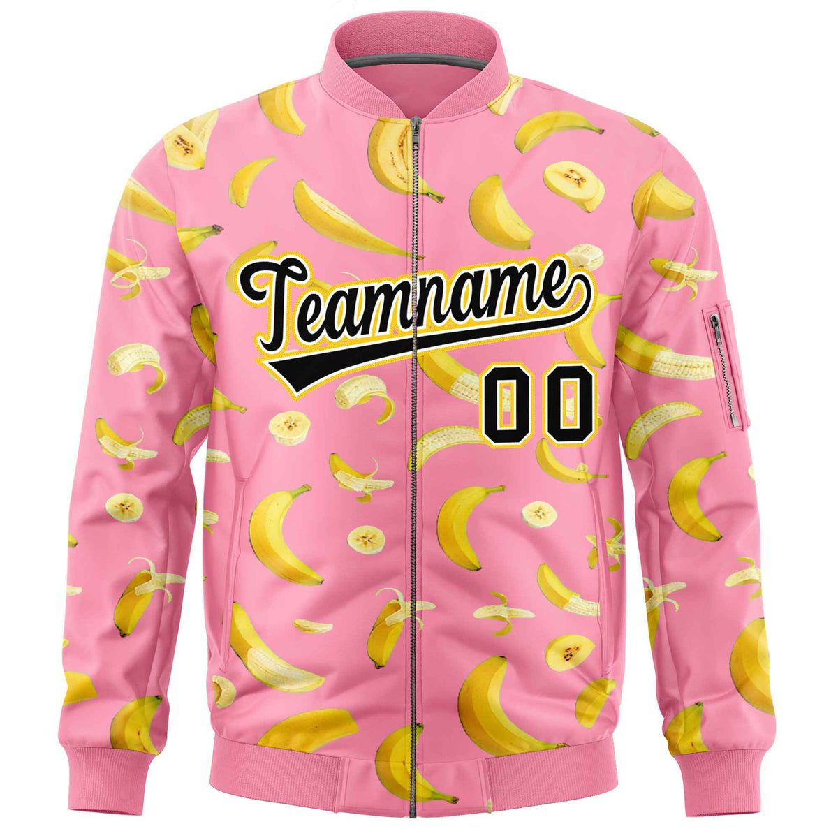 Custom Light Pink Varsity Full-Zip Banana Pattern Letterman Bomber Jacket | Graffiti Pattern | Embroidery&amp;Dye-sublimation printing | KXKSHOP