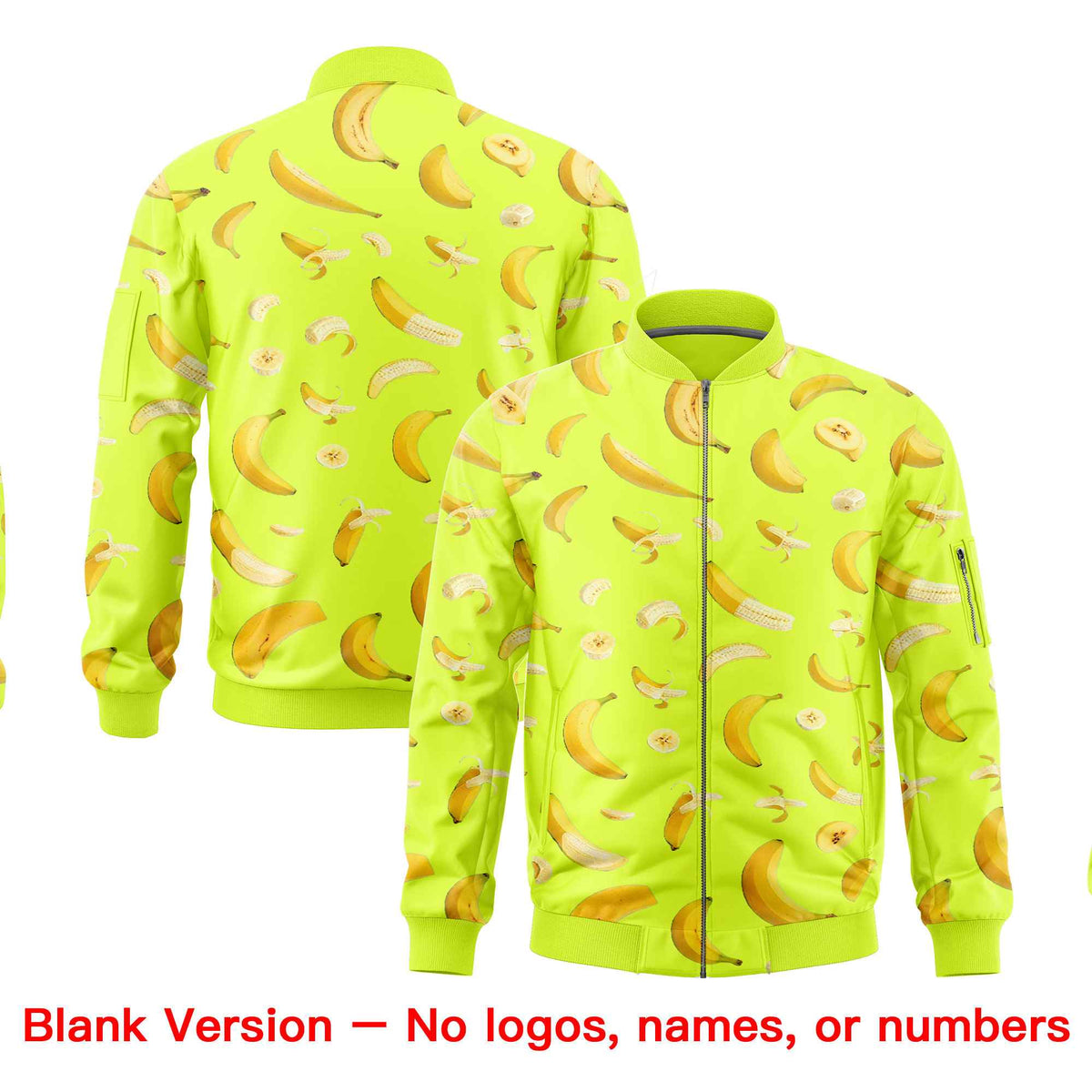Custom Fluorescent Green Varsity Full-Zip Banana Pattern Letterman Bomber Jacket | Graffiti Pattern | Embroidery&amp;Dye-sublimation printing | KXKSHOP