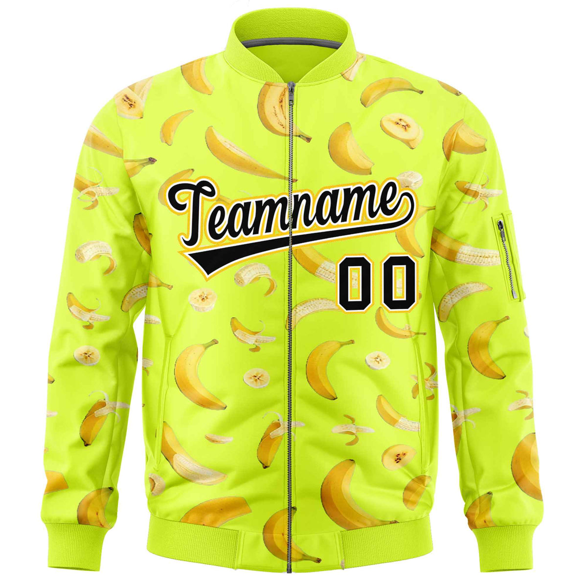 Custom Fluorescent Green Varsity Full-Zip Banana Pattern Letterman Bomber Jacket | Graffiti Pattern | Embroidery&amp;Dye-sublimation printing | KXKSHOP