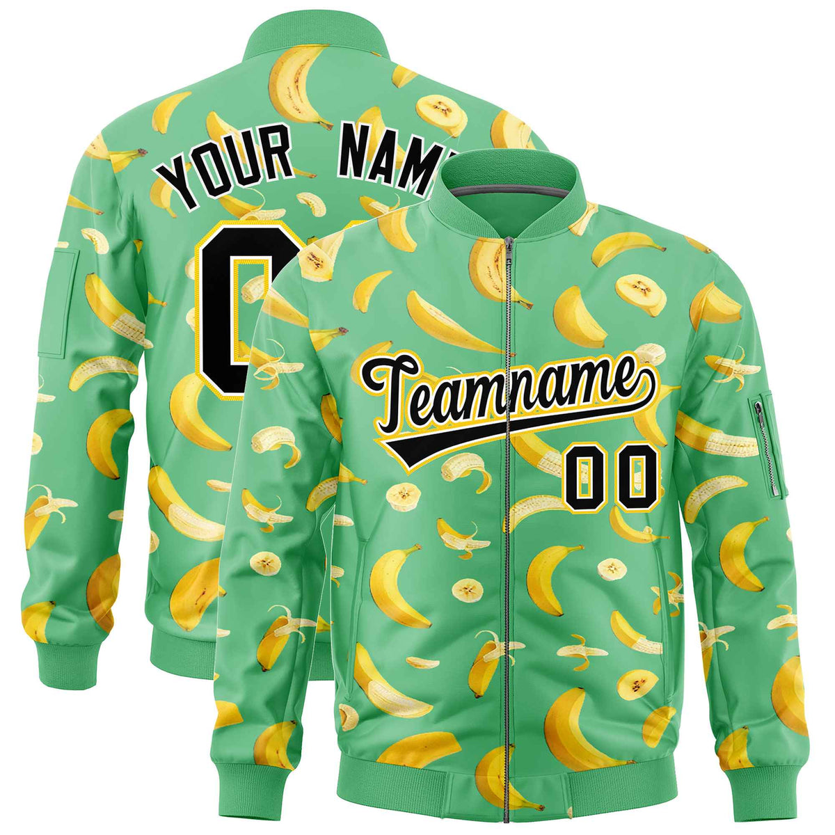 Custom Neon Green Varsity Full-Zip Banana Pattern Letterman Bomber Jacket | Graffiti Pattern | Embroidery&amp;Dye-sublimation printing | KXKSHOP