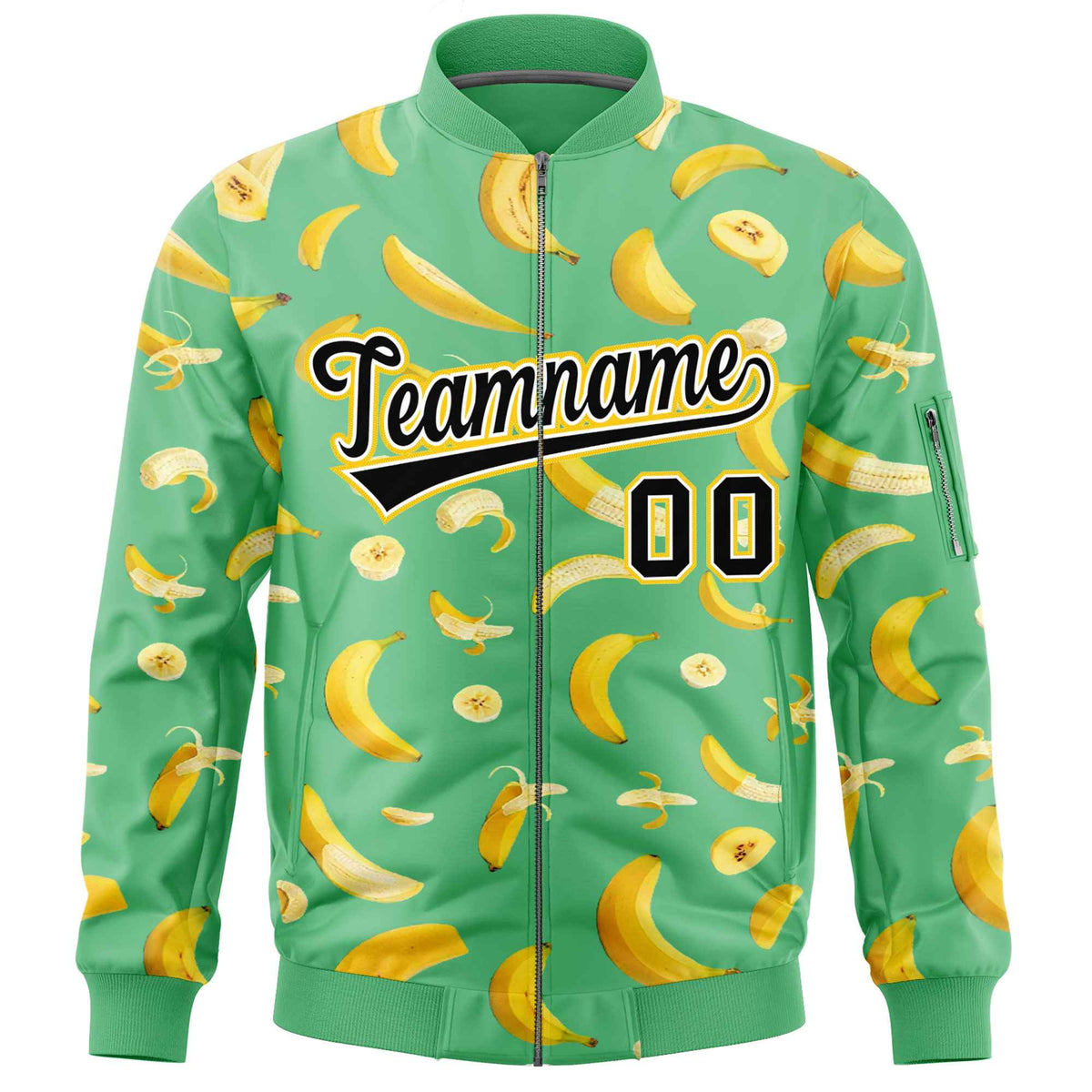 Custom Neon Green Varsity Full-Zip Banana Pattern Letterman Bomber Jacket | Graffiti Pattern | Embroidery&amp;Dye-sublimation printing | KXKSHOP