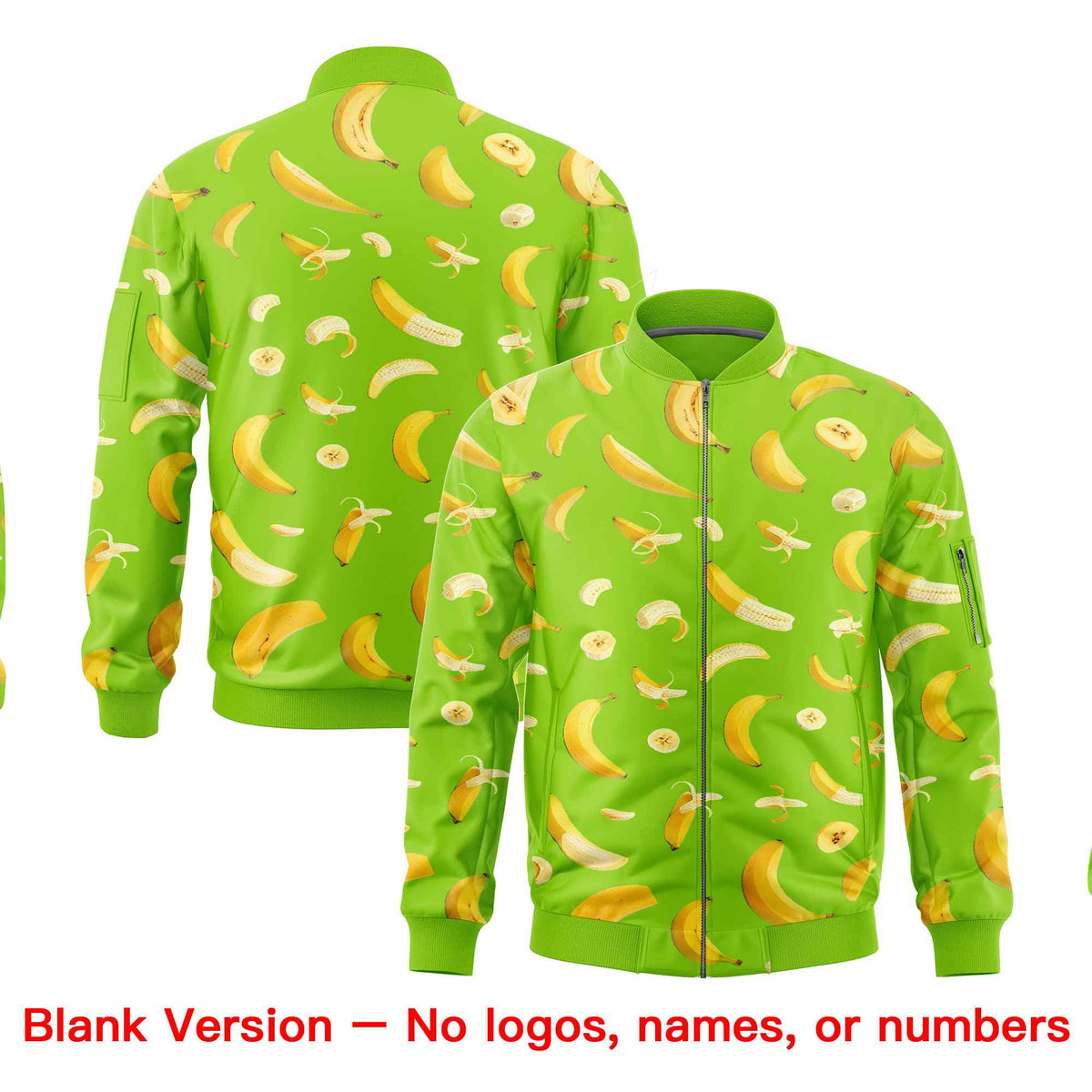 Custom Neon Green Varsity Full-Zip Banana Pattern Letterman Bomber Jacket | Graffiti Pattern | Embroidery&amp;Dye-sublimation printing | KXKSHOP