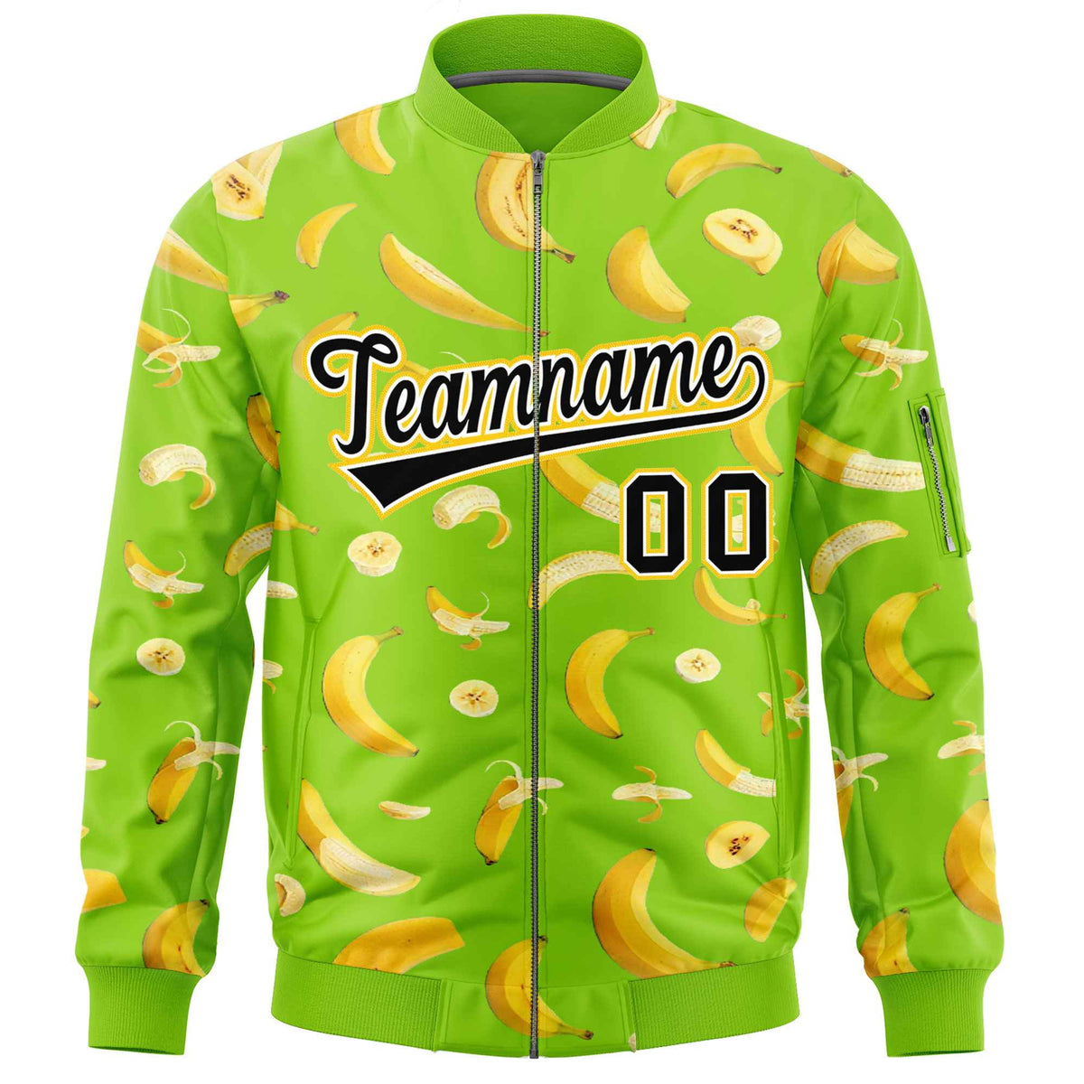 Custom Neon Green Varsity Full-Zip Banana Pattern Letterman Bomber Jacket | Graffiti Pattern | Embroidery&amp;Dye-sublimation printing | KXKSHOP