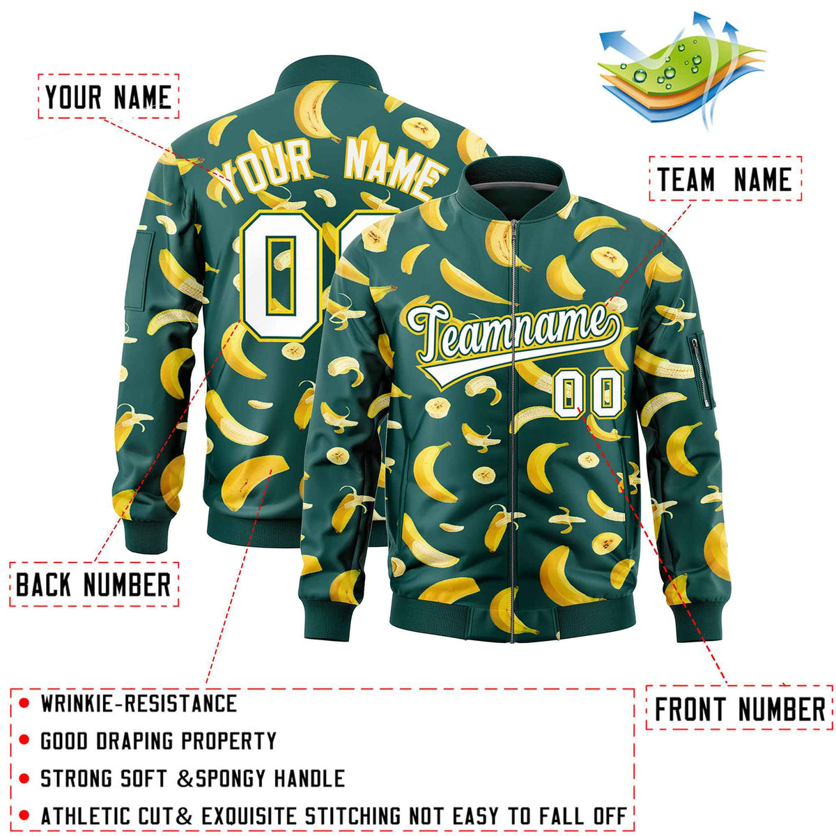Custom Midnight Green Varsity Full-Zip Banana Pattern Letterman Bomber Jacket | Graffiti Pattern | Embroidery&amp;Dye-sublimation printing | KXKSHOP