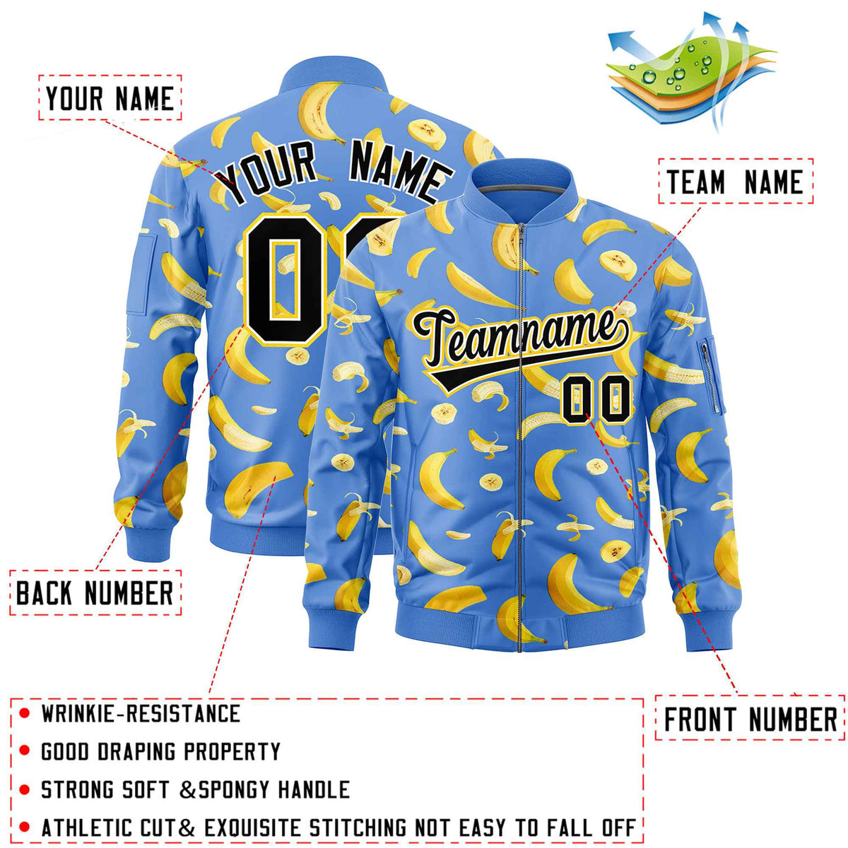 Custom Powder Blue Varsity Full-Zip Banana Pattern Letterman Bomber Jacket | Graffiti Pattern | Embroidery&amp;Dye-sublimation printing | KXKSHOP