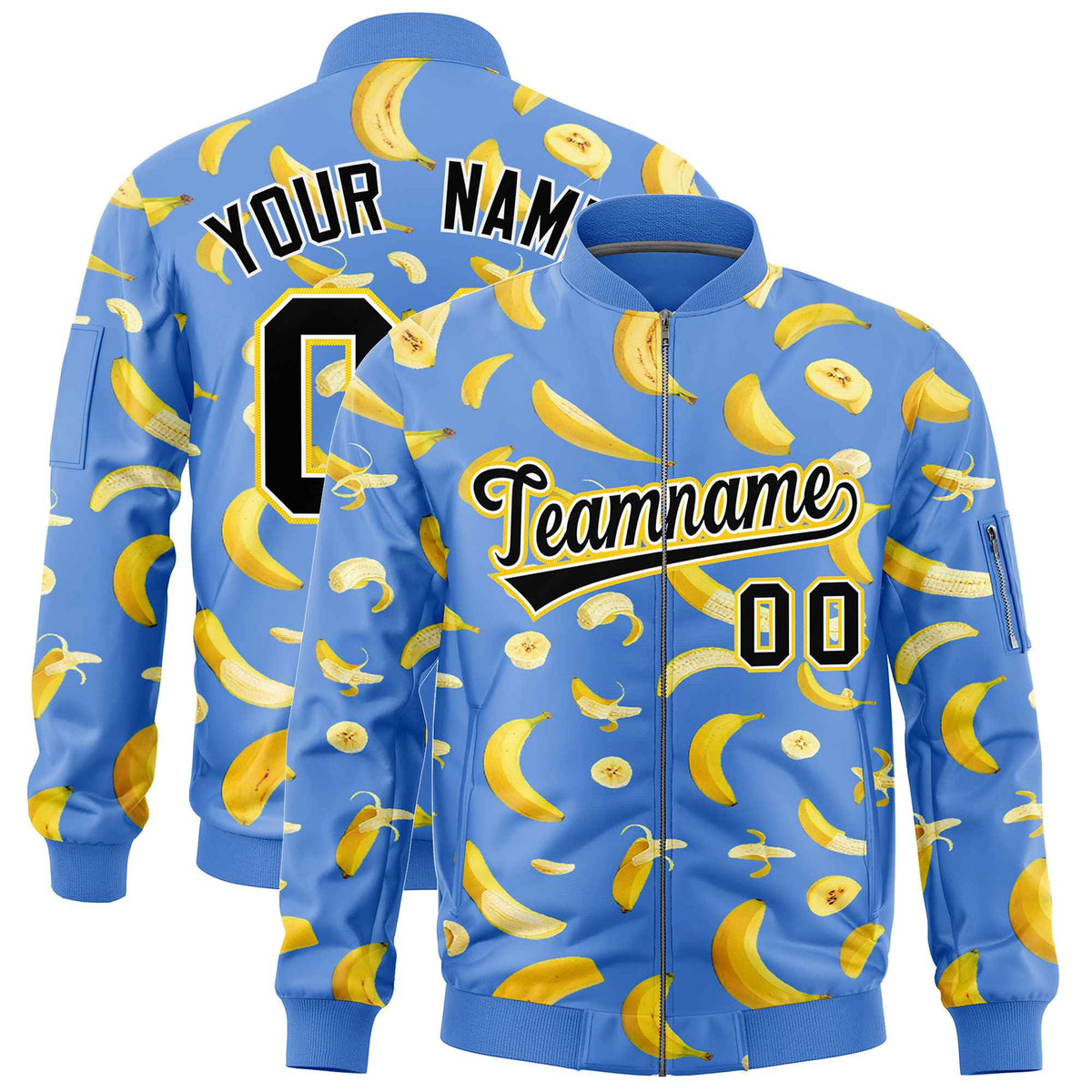 Custom Powder Blue Varsity Full-Zip Banana Pattern Letterman Bomber Jacket | Graffiti Pattern | Embroidery&amp;Dye-sublimation printing | KXKSHOP