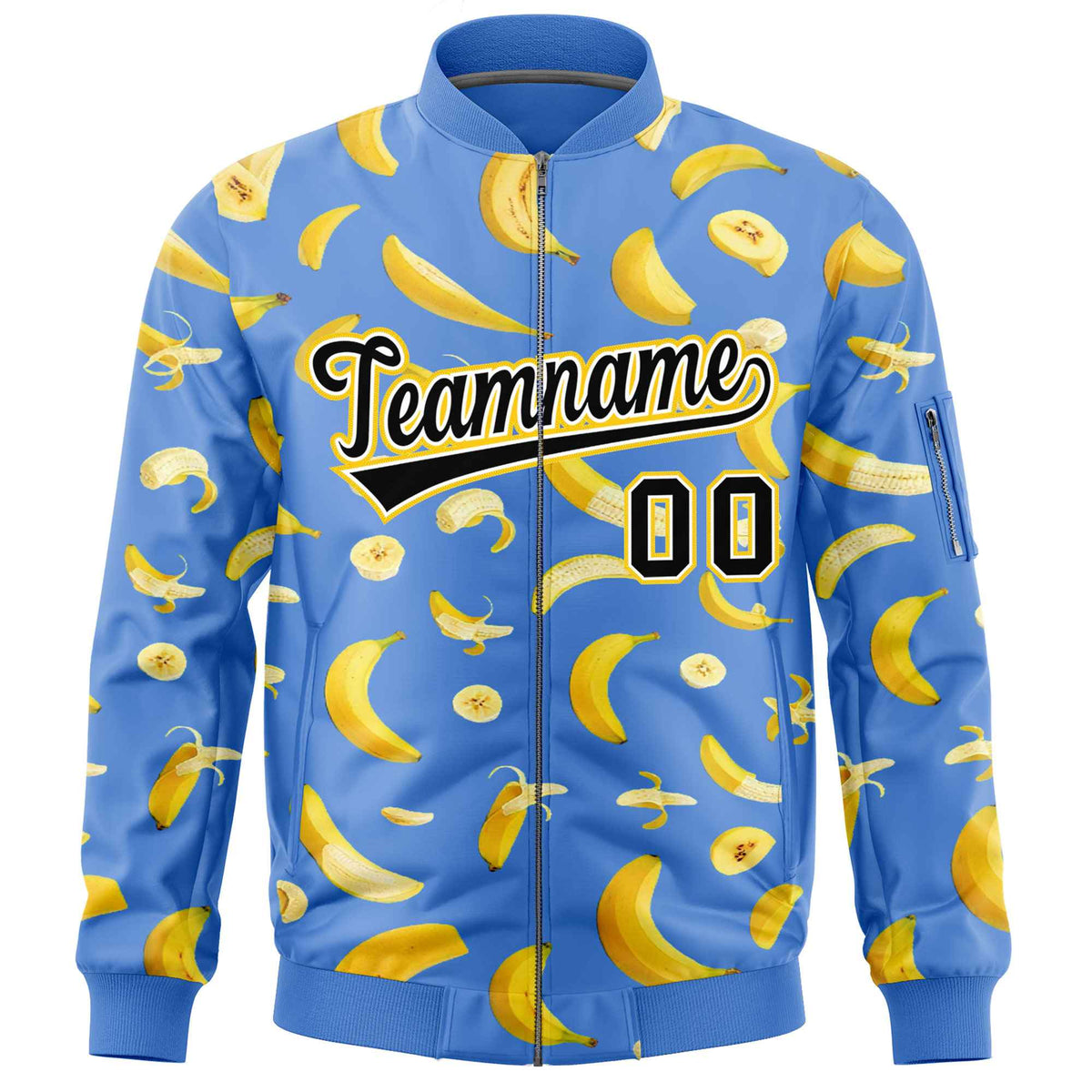 Custom Powder Blue Varsity Full-Zip Banana Pattern Letterman Bomber Jacket | Graffiti Pattern | Embroidery&amp;Dye-sublimation printing | KXKSHOP