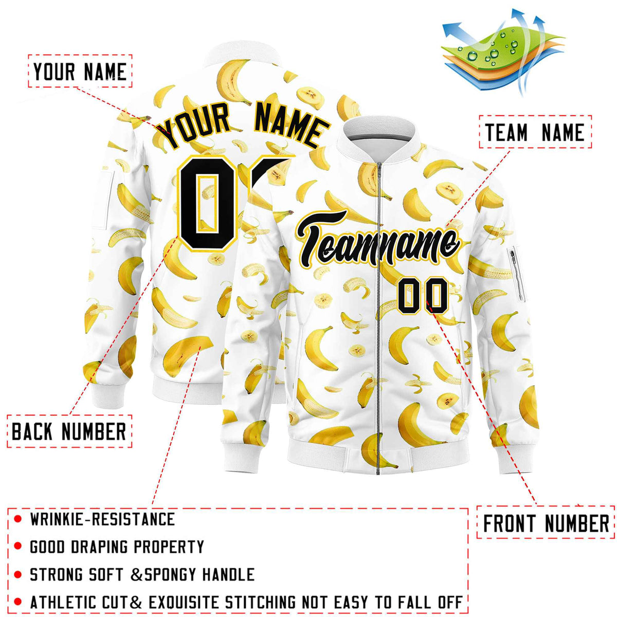 Custom White Varsity Full-Zip Banana Pattern Letterman Bomber Jacket | Graffiti Pattern | Embroidery&amp;Dye-sublimation printing | KXKSHOP