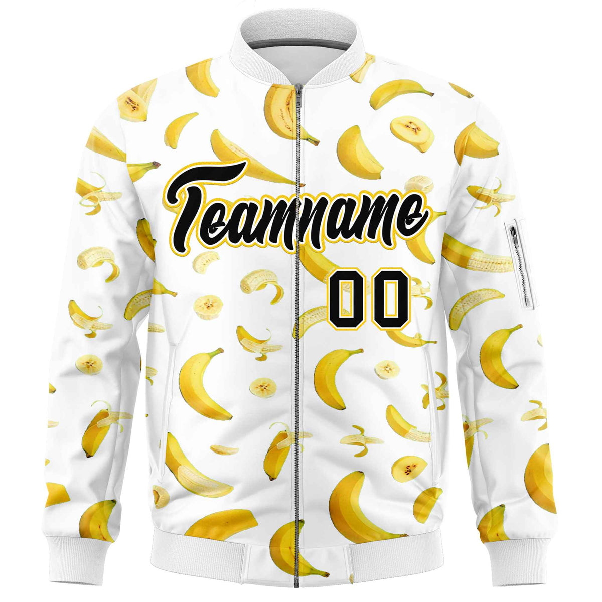 Custom White Varsity Full-Zip Banana Pattern Letterman Bomber Jacket | Graffiti Pattern | Embroidery&amp;Dye-sublimation printing | KXKSHOP