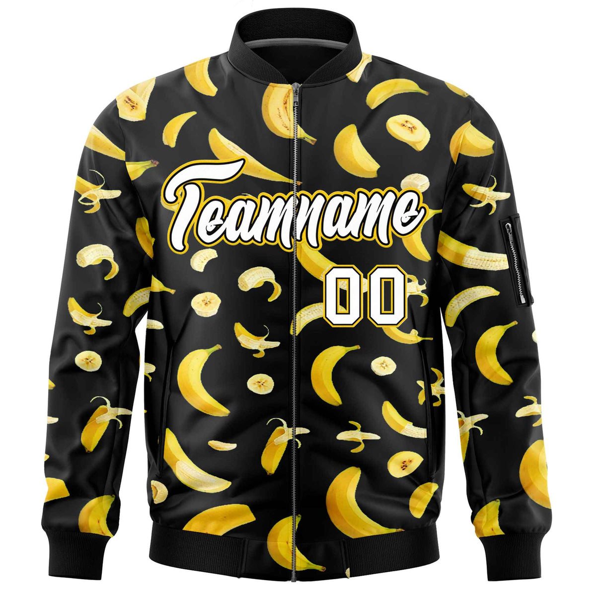 Custom Black Varsity Full-Zip Banana Pattern Letterman Bomber Jacket | Graffiti Pattern | Embroidery&amp;Dye-sublimation printing | KXKSHOP