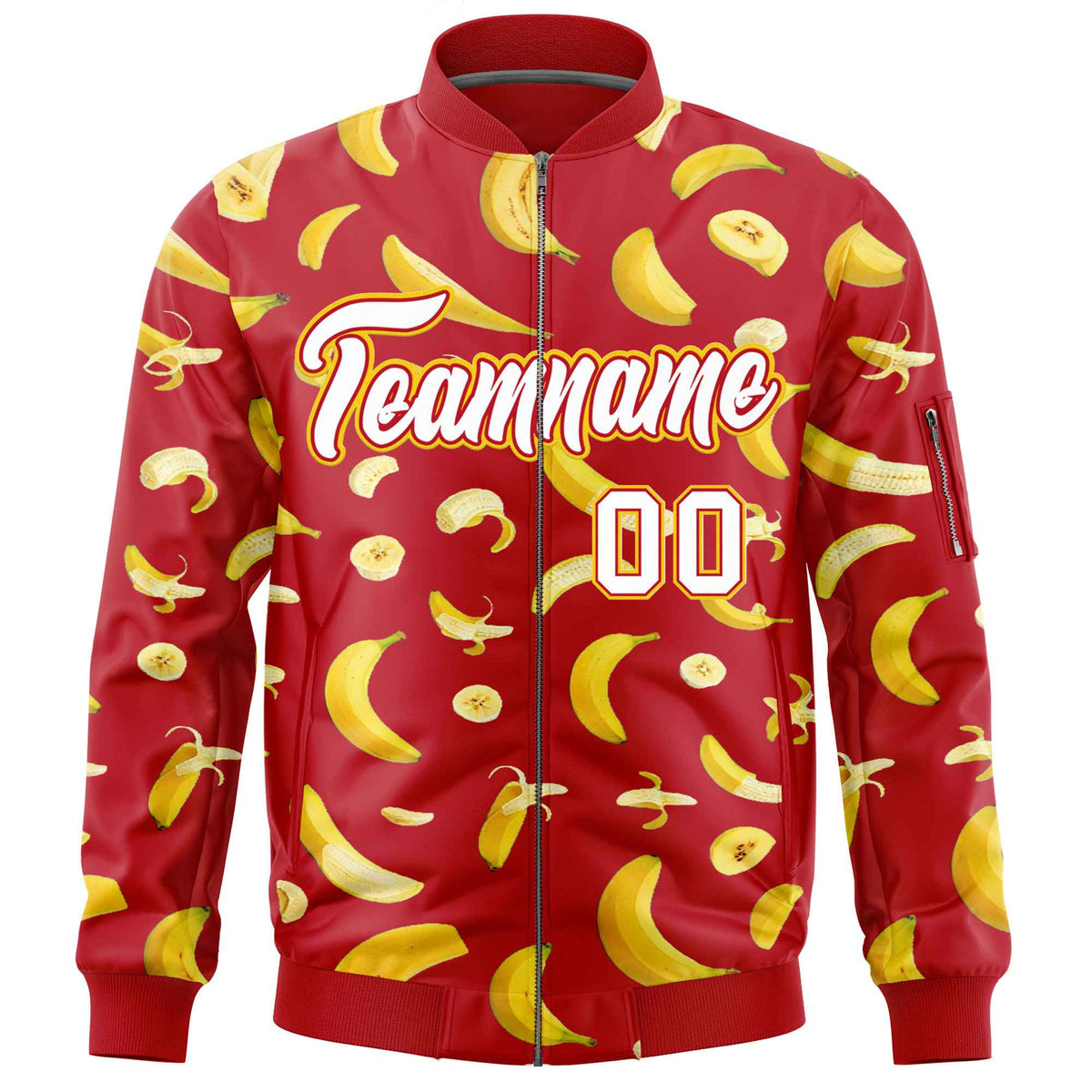 Custom Red Varsity Full-Zip Banana Pattern Letterman Bomber Jacket | Graffiti Pattern | Embroidery&amp;Dye-sublimation printing | KXKSHOP