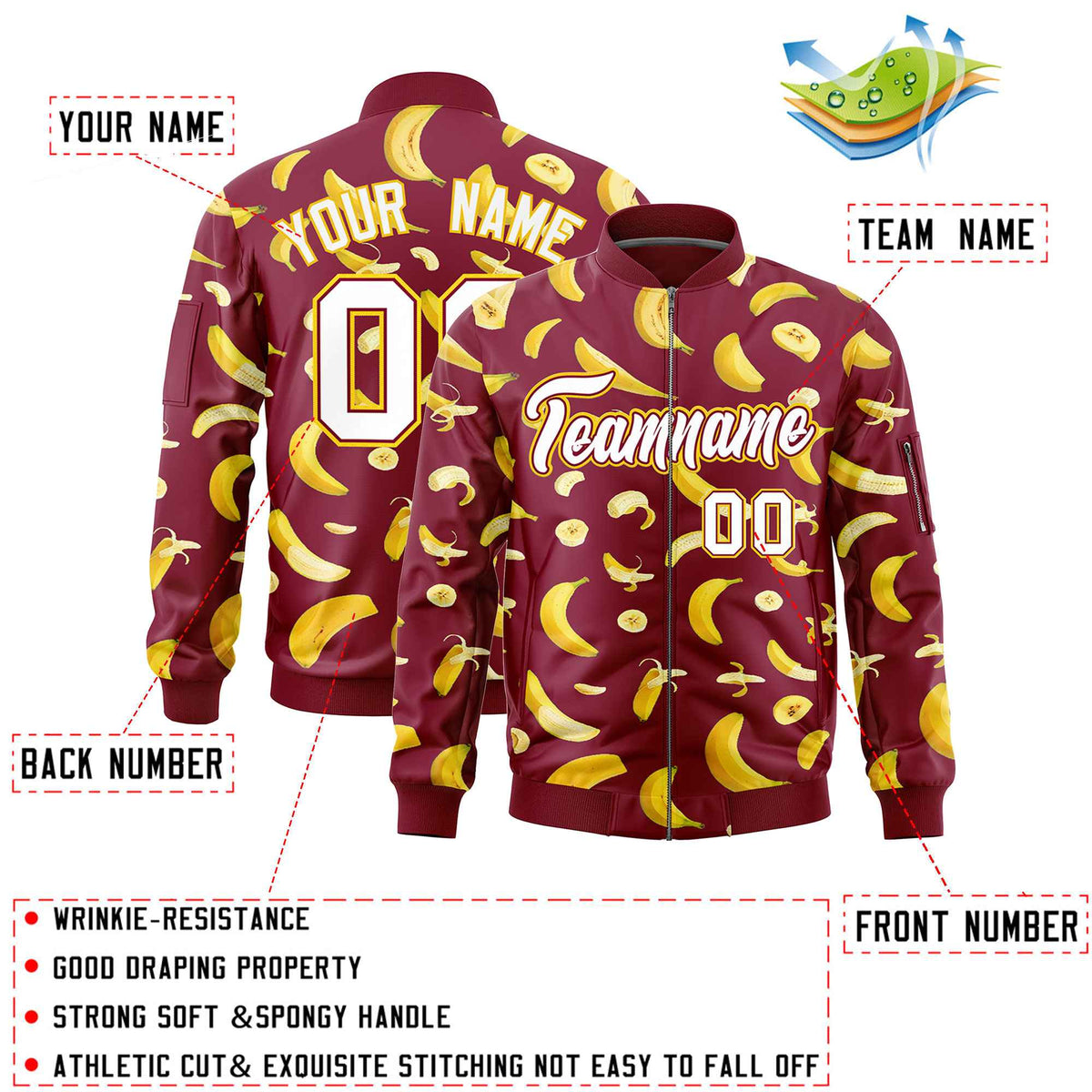 Custom Crimson Varsity Full-Zip Banana Pattern Letterman Bomber Jacket | Graffiti Pattern | Embroidery&amp;Dye-sublimation printing | KXKSHOP