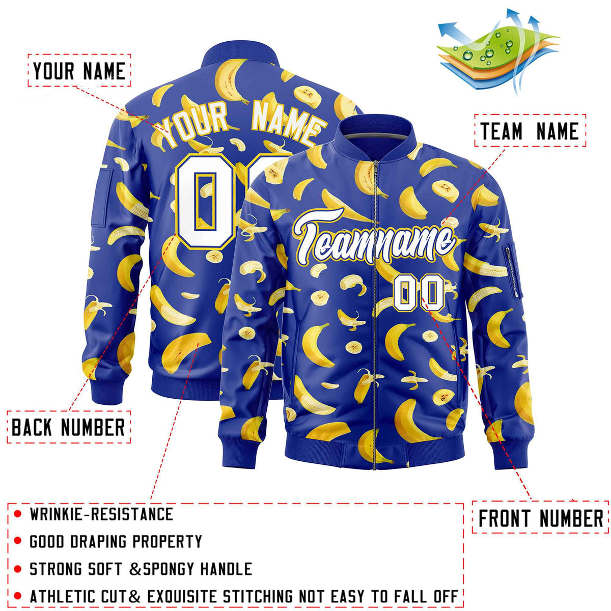 Custom Royal Blue Varsity Full-Zip Banana Pattern Letterman Bomber Jacket | Graffiti Pattern | Embroidery&amp;Dye-sublimation printing | KXKSHOP