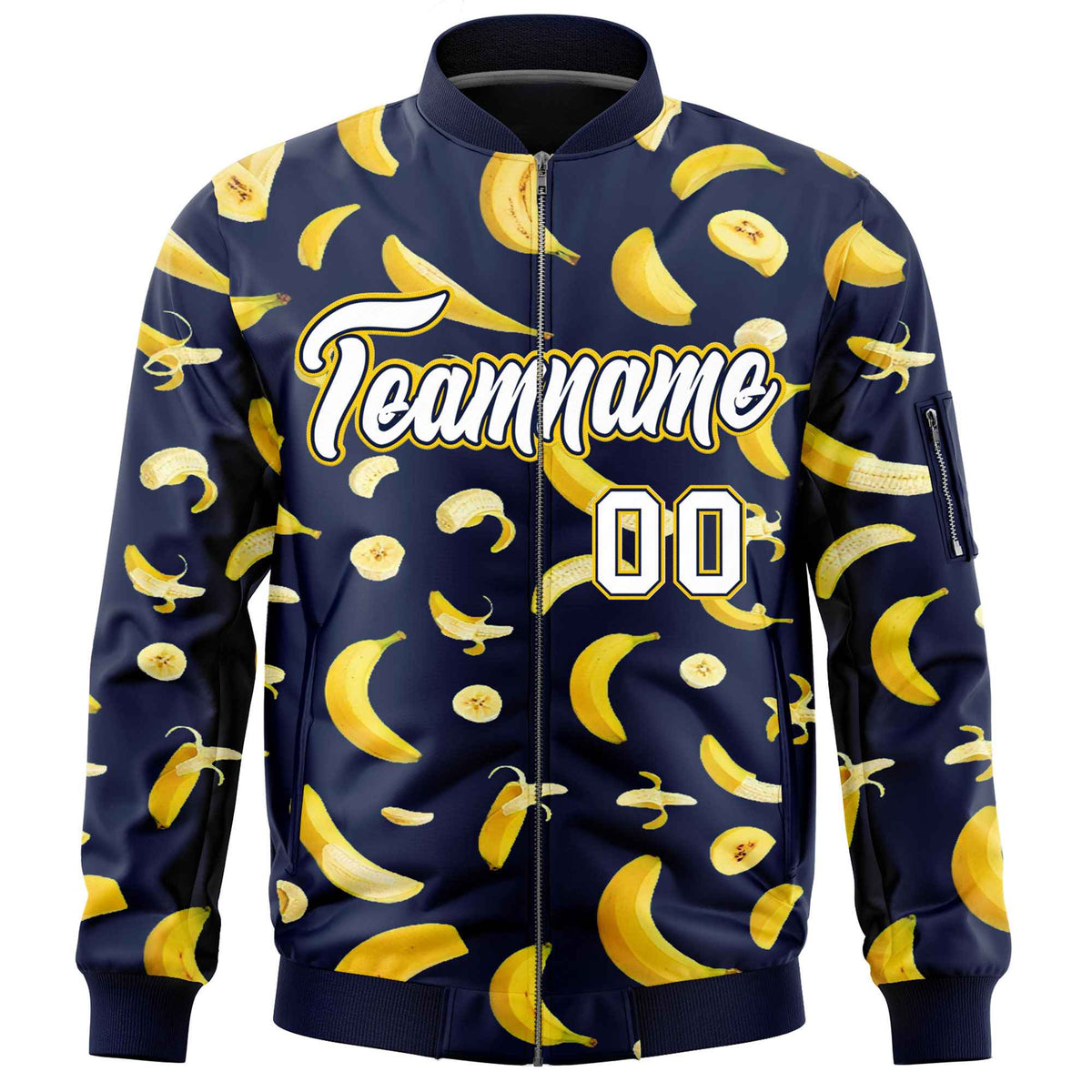Custom Navy Varsity Full-Zip Banana Pattern Letterman Bomber Jacket | Graffiti Pattern | Embroidery&amp;Dye-sublimation printing | KXKSHOP