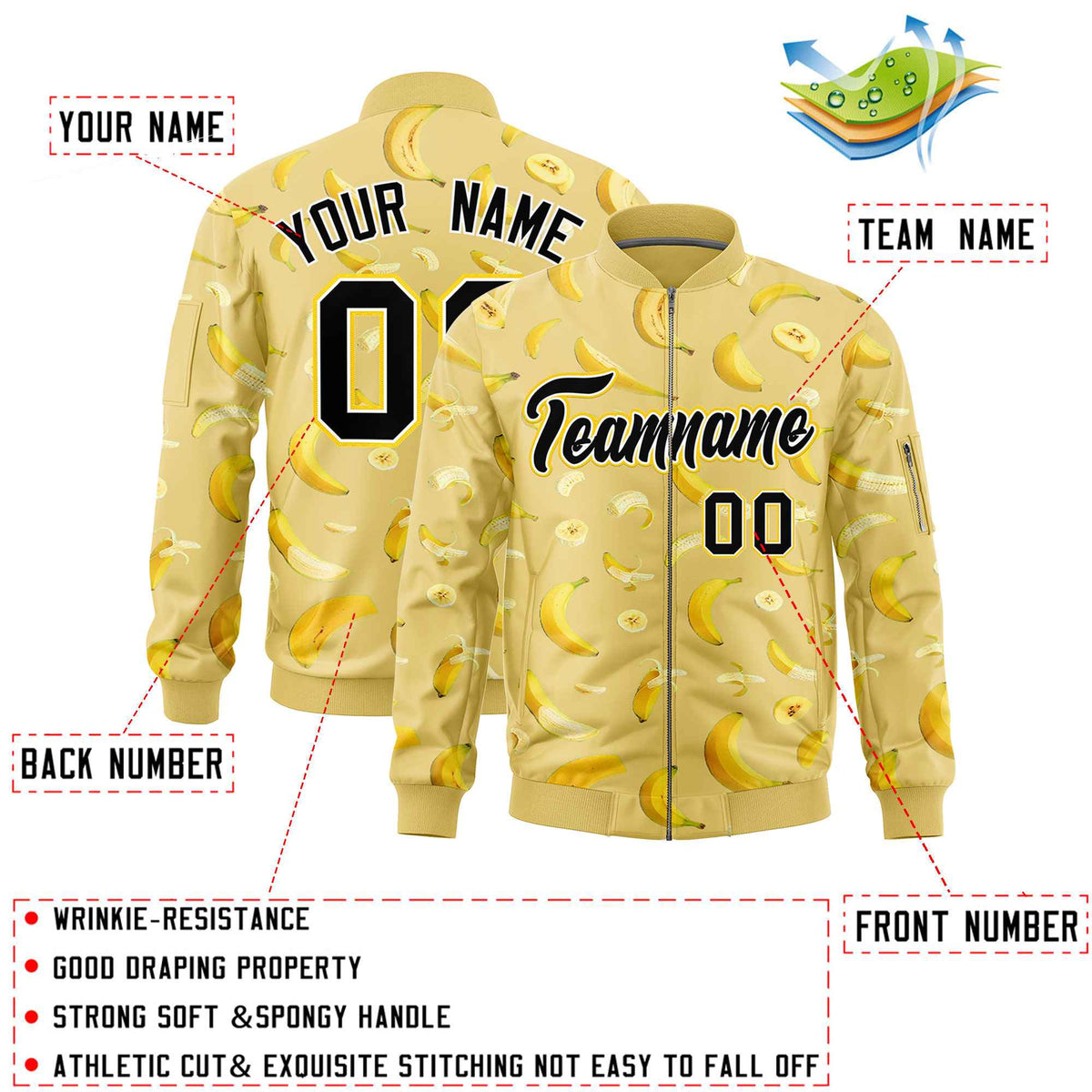 Custom Old Gold Varsity Full-Zip Banana Pattern Letterman Bomber Jacket | Graffiti Pattern | Embroidery&amp;Dye-sublimation printing | KXKSHOP