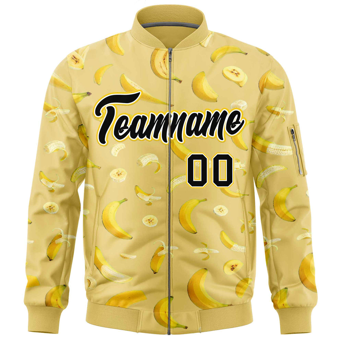 Custom Old Gold Varsity Full-Zip Banana Pattern Letterman Bomber Jacket | Graffiti Pattern | Embroidery&amp;Dye-sublimation printing | KXKSHOP