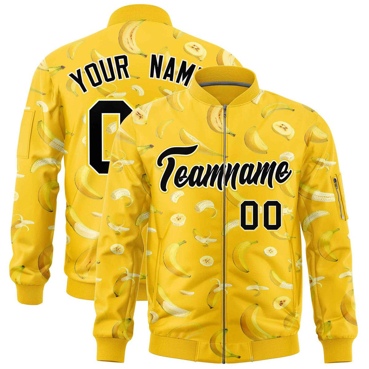 Custom Gold Varsity Full-Zip Banana Pattern Letterman Bomber Jacket | Graffiti Pattern | Embroidery&amp;Dye-sublimation printing | KXKSHOP