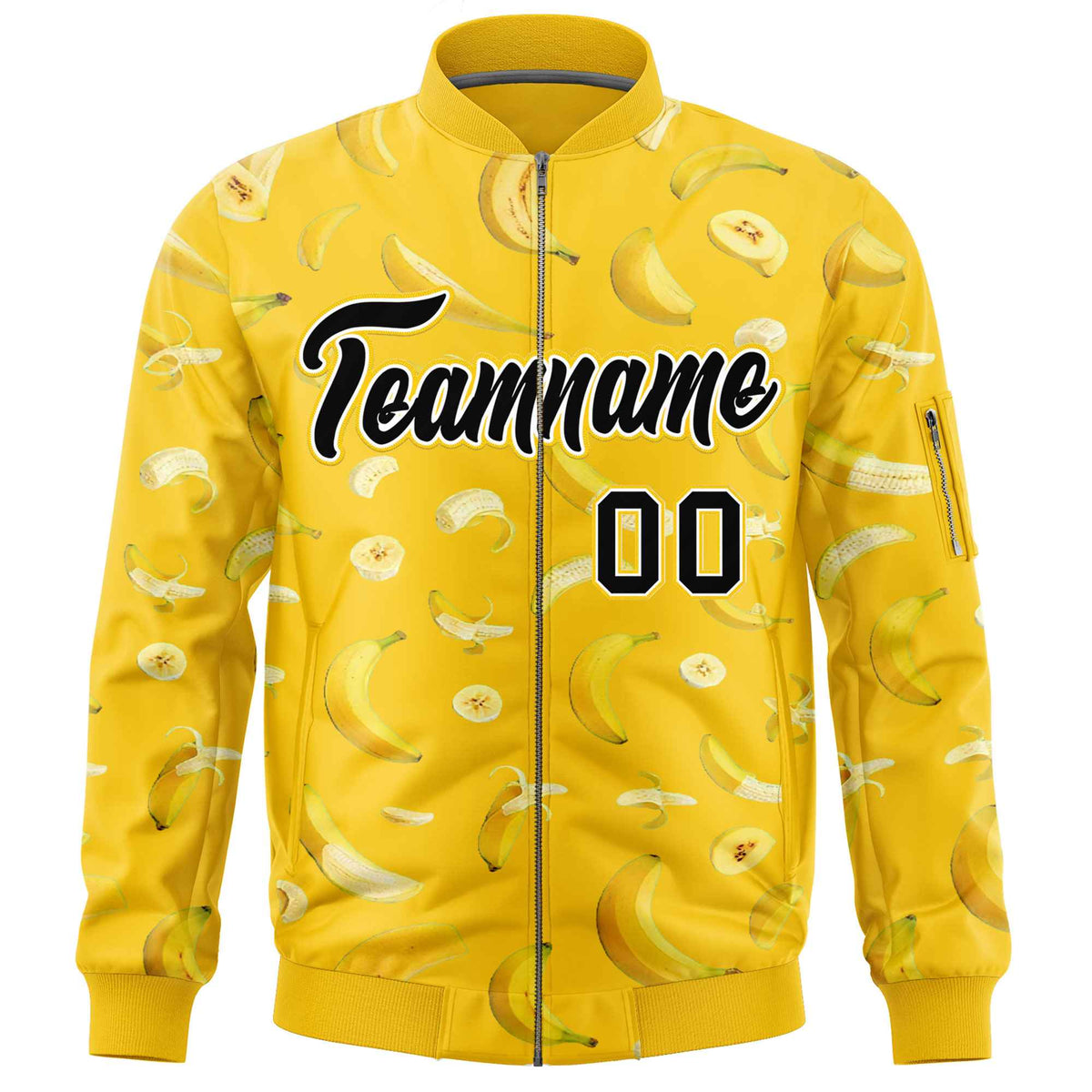 Custom Gold Varsity Full-Zip Banana Pattern Letterman Bomber Jacket | Graffiti Pattern | Embroidery&amp;Dye-sublimation printing | KXKSHOP