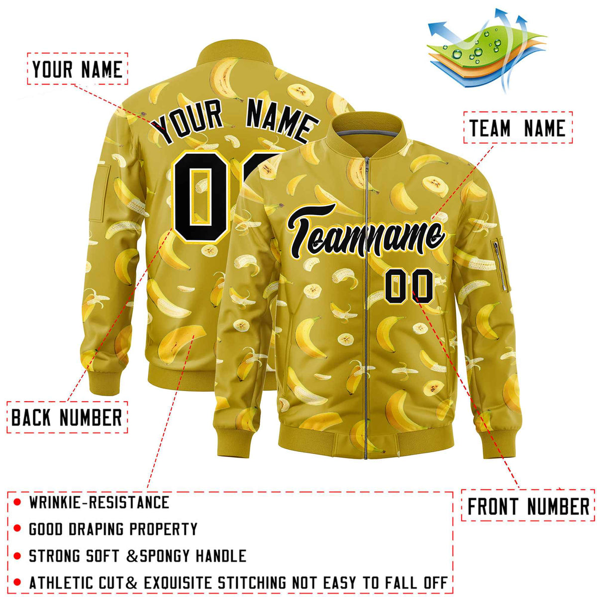 Custom Old Gold Varsity Full-Zip Banana Pattern Letterman Bomber Jacket | Graffiti Pattern | Embroidery&amp;Dye-sublimation printing | KXKSHOP