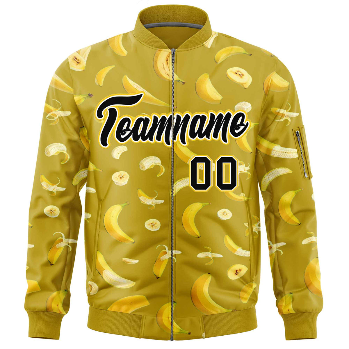 Custom Old Gold Varsity Full-Zip Banana Pattern Letterman Bomber Jacket | Graffiti Pattern | Embroidery&amp;Dye-sublimation printing | KXKSHOP