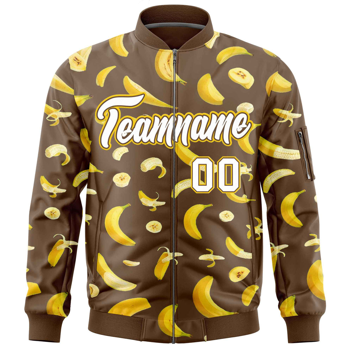 Custom Light Brown Varsity Full-Zip Banana Pattern Letterman Bomber Jacket | Graffiti Pattern | Embroidery&amp;Dye-sublimation printing | KXKSHOP