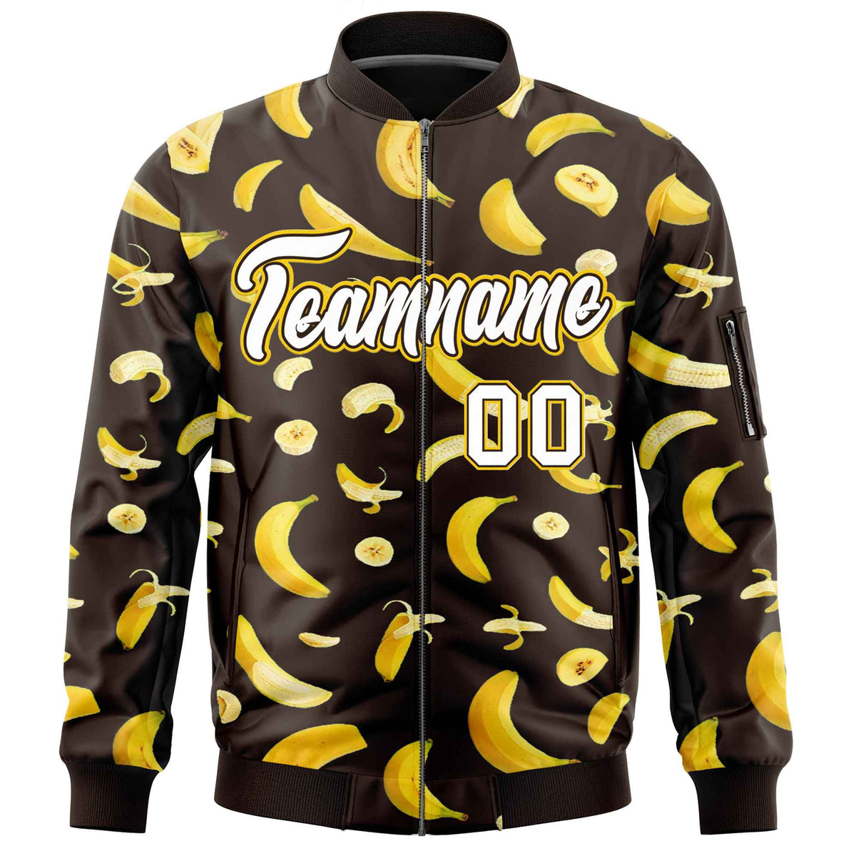 Custom Brown Varsity Full-Zip Banana Pattern Letterman Bomber Jacket | Graffiti Pattern | Embroidery&amp;Dye-sublimation printing | KXKSHOP