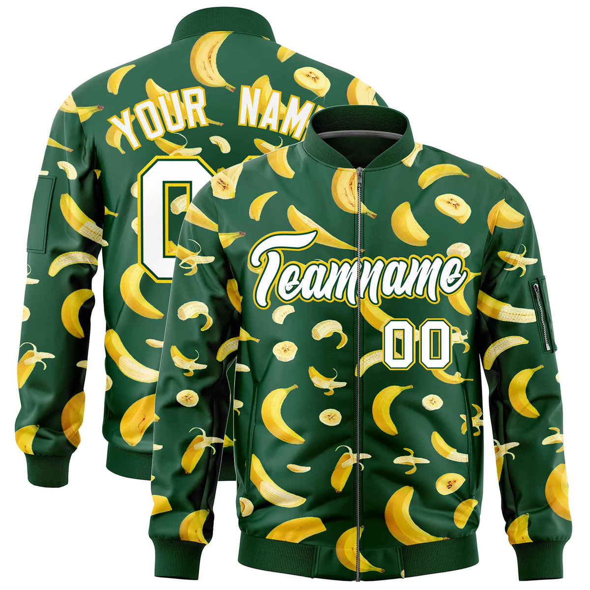 Custom Green Varsity Full-Zip Banana Pattern Letterman Bomber Jacket | Graffiti Pattern | Embroidery&amp;Dye-sublimation printing | KXKSHOP