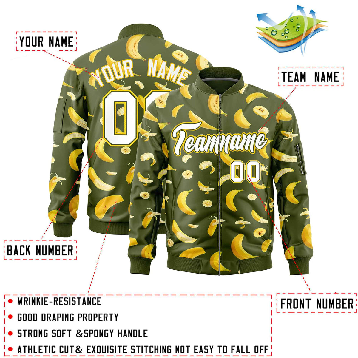 Custom Olive Varsity Full-Zip Banana Pattern Letterman Bomber Jacket | Graffiti Pattern | Embroidery&amp;Dye-sublimation printing | KXKSHOP