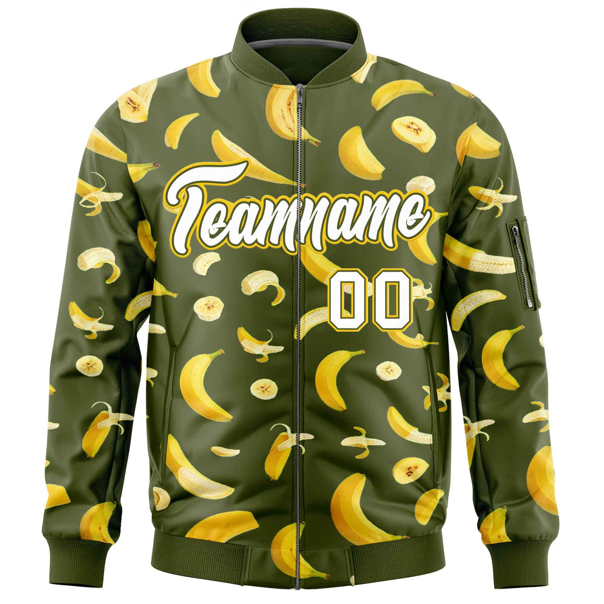 Custom Olive Varsity Full-Zip Banana Pattern Letterman Bomber Jacket | Graffiti Pattern | Embroidery&amp;Dye-sublimation printing | KXKSHOP