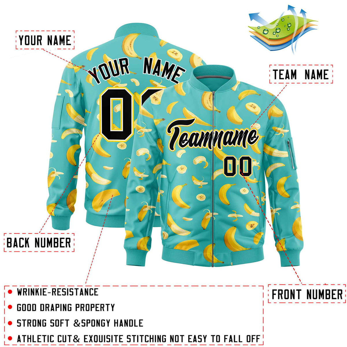 Custom Teal Varsity Full-Zip Banana Pattern Letterman Bomber Jacket | Graffiti Pattern | Embroidery&amp;Dye-sublimation printing | KXKSHOP