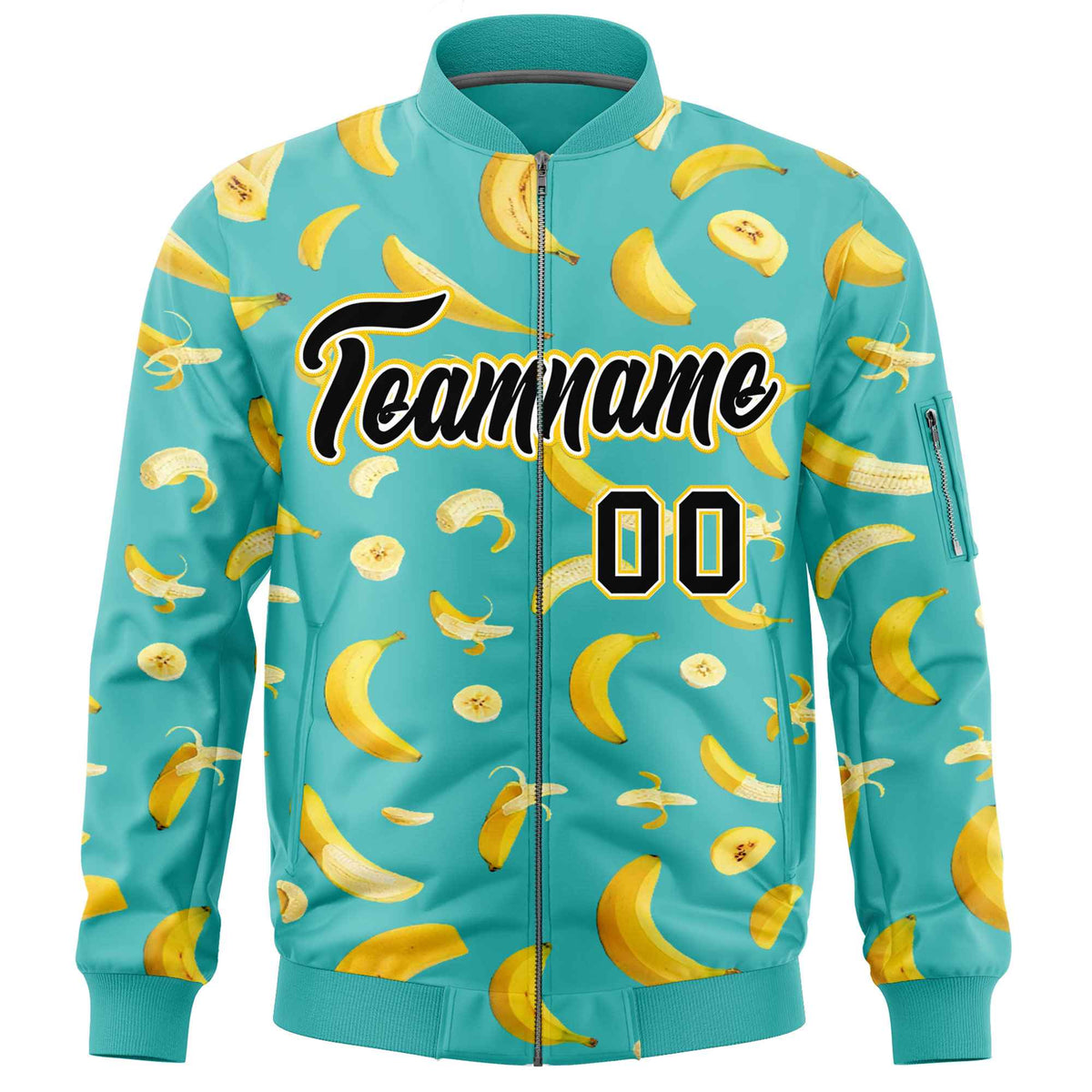 Custom Teal Varsity Full-Zip Banana Pattern Letterman Bomber Jacket | Graffiti Pattern | Embroidery&amp;Dye-sublimation printing | KXKSHOP