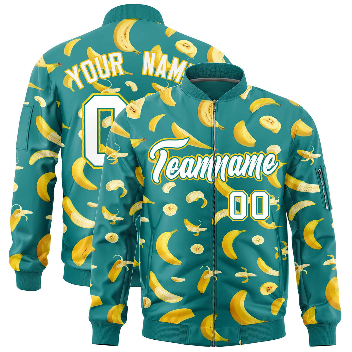 Custom Teal Varsity Full-Zip Banana Pattern Letterman Bomber Jacket | Graffiti Pattern | Embroidery&amp;Dye-sublimation printing | KXKSHOP
