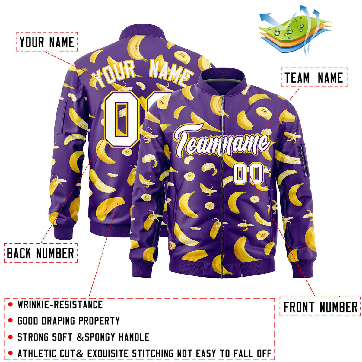 Custom Purple Varsity Full-Zip Banana Pattern Letterman Bomber Jacket | Graffiti Pattern | Embroidery&amp;Dye-sublimation printing | KXKSHOP
