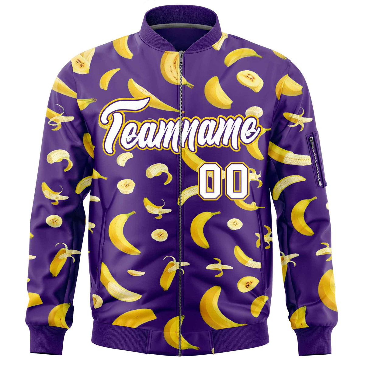 Custom Purple Varsity Full-Zip Banana Pattern Letterman Bomber Jacket | Graffiti Pattern | Embroidery&amp;Dye-sublimation printing | KXKSHOP