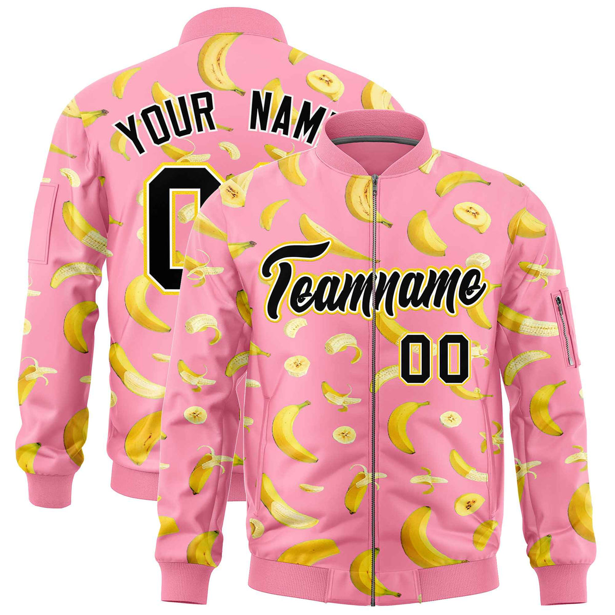 Custom Light Pink Varsity Full-Zip Banana Pattern Letterman Bomber Jacket | Graffiti Pattern | Embroidery&amp;Dye-sublimation printing | KXKSHOP