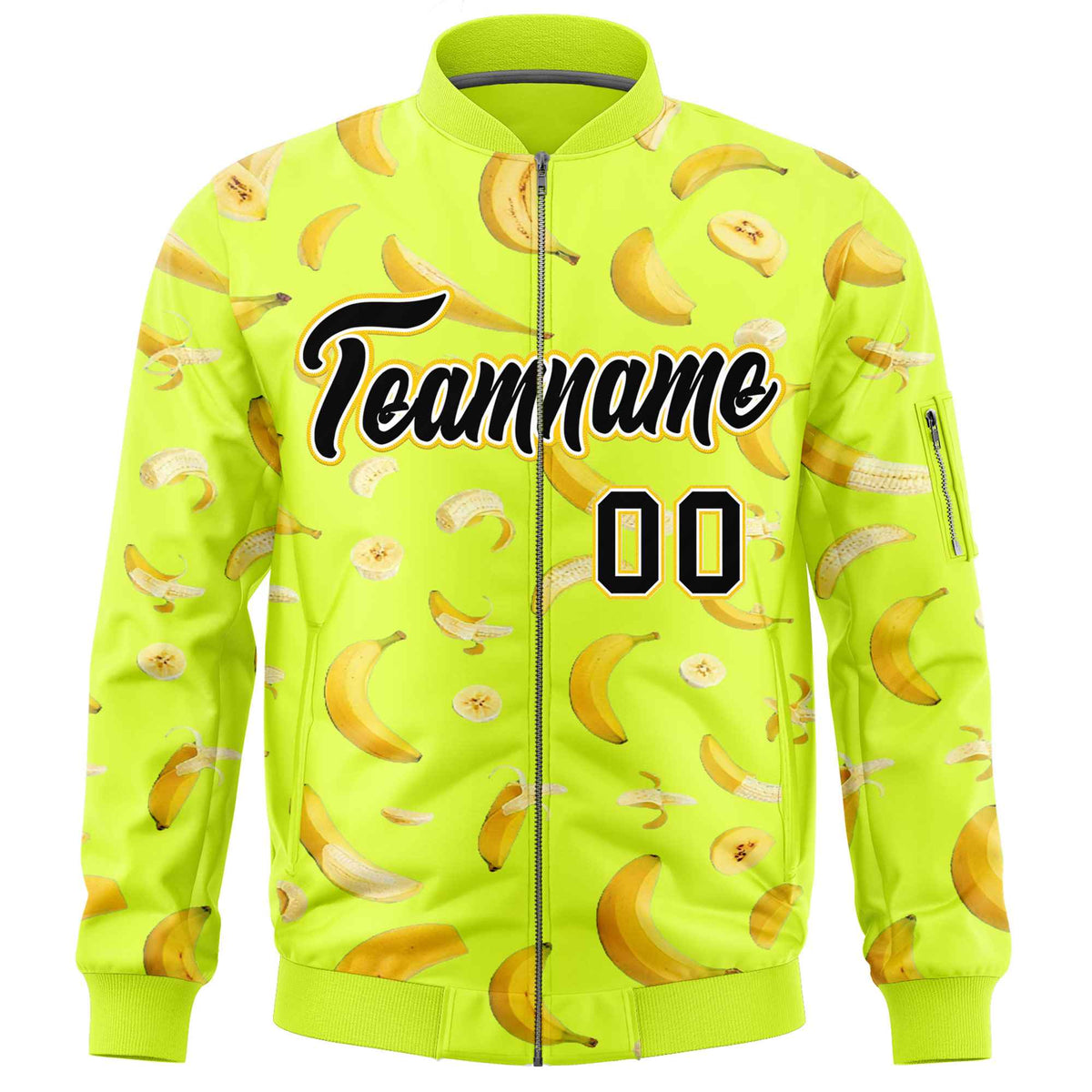 Custom Fluorescent Green Varsity Full-Zip Banana Pattern Letterman Bomber Jacket | Graffiti Pattern | Embroidery&amp;Dye-sublimation printing | KXKSHOP