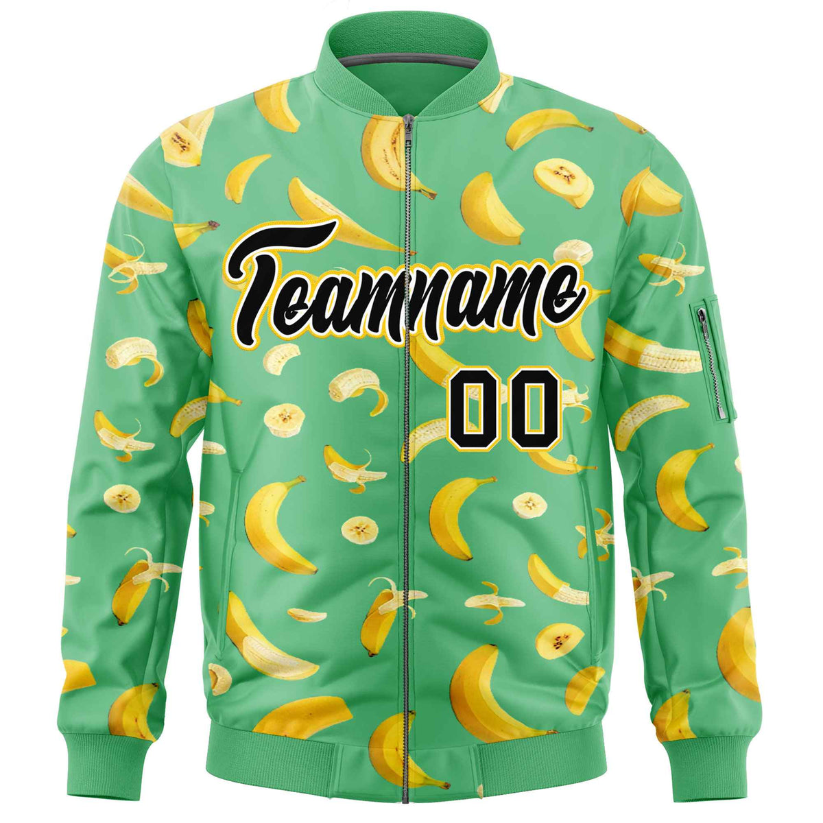 Custom Neon Green Varsity Full-Zip Banana Pattern Letterman Bomber Jacket | Graffiti Pattern | Embroidery&amp;Dye-sublimation printing | KXKSHOP