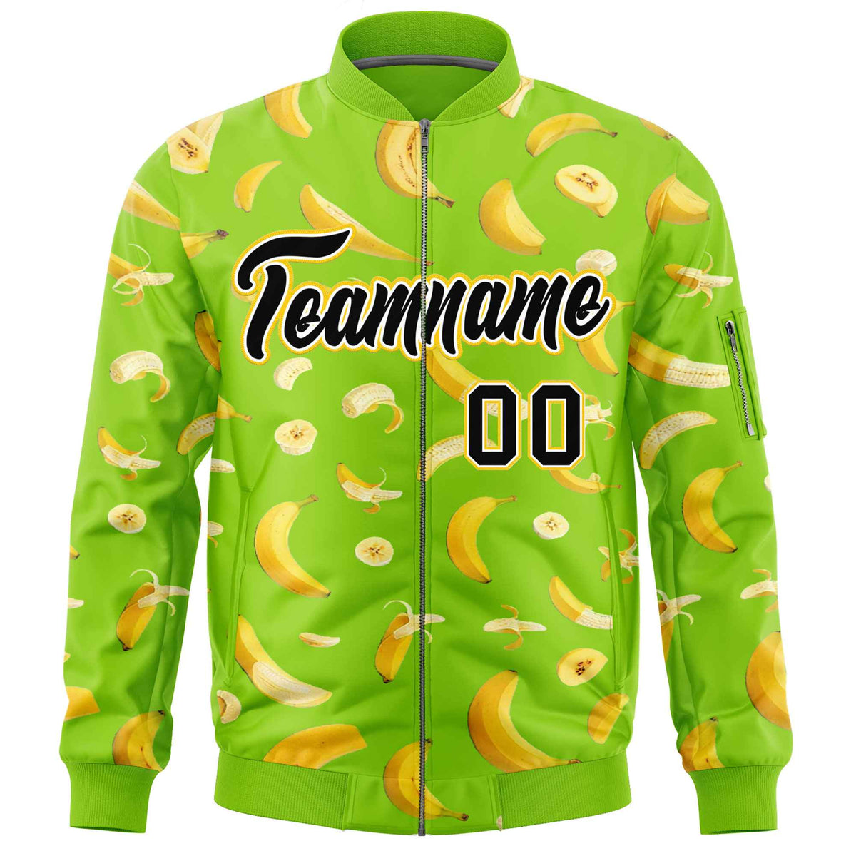 Custom Neon Green Varsity Full-Zip Banana Pattern Letterman Bomber Jacket | Graffiti Pattern | Embroidery&amp;Dye-sublimation printing | KXKSHOP
