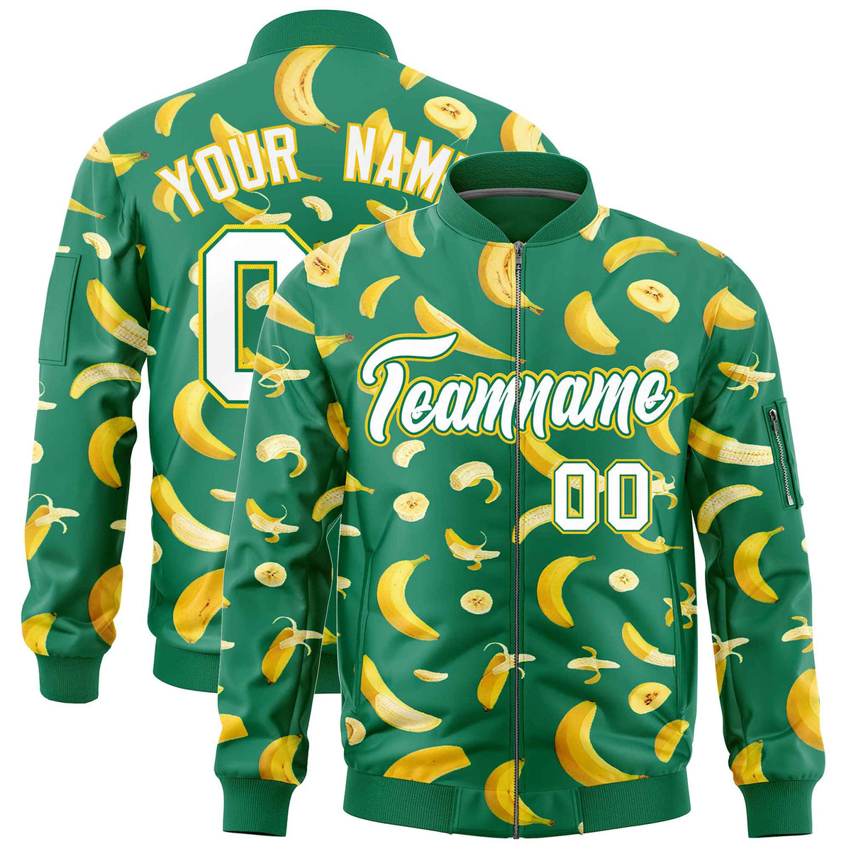Custom Kelly Green Varsity Full-Zip Banana Pattern Letterman Bomber Jacket | Graffiti Pattern | Embroidery&amp;Dye-sublimation printing | KXKSHOP