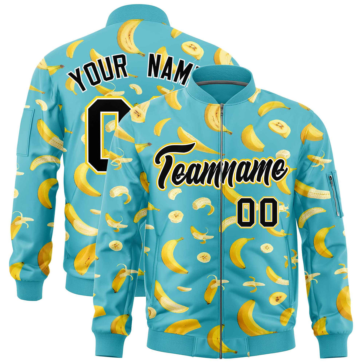 Custom Sky Blue Varsity Full-Zip Banana Pattern Letterman Bomber Jacket | Graffiti Pattern | Embroidery&amp;Dye-sublimation printing | KXKSHOP