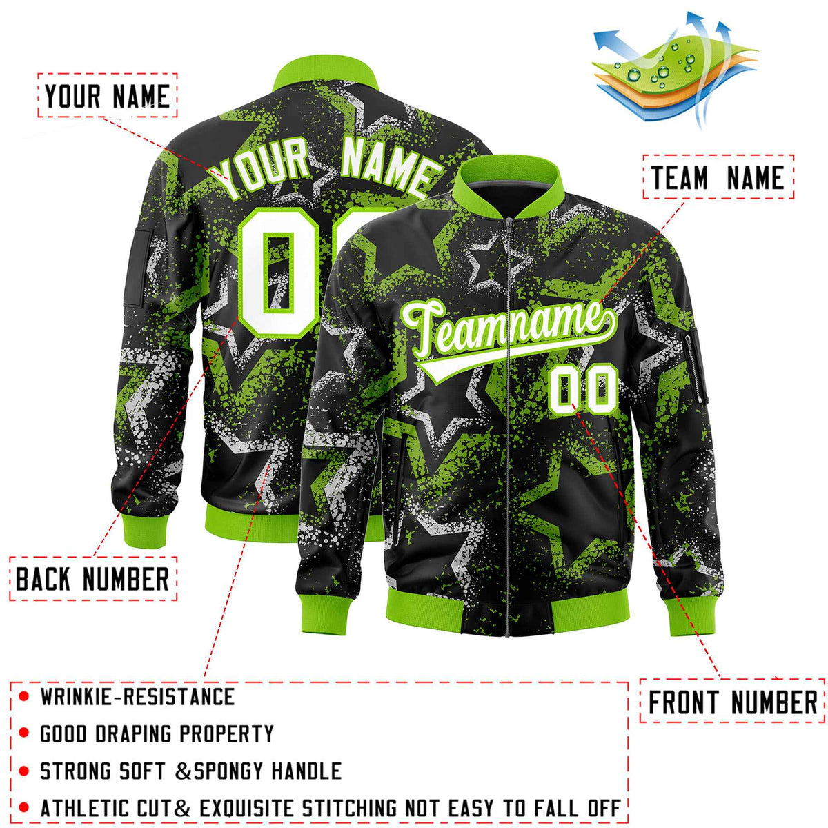 Custom Black Varsity Full-Zip Star Pattern Letterman Bomber Jacket