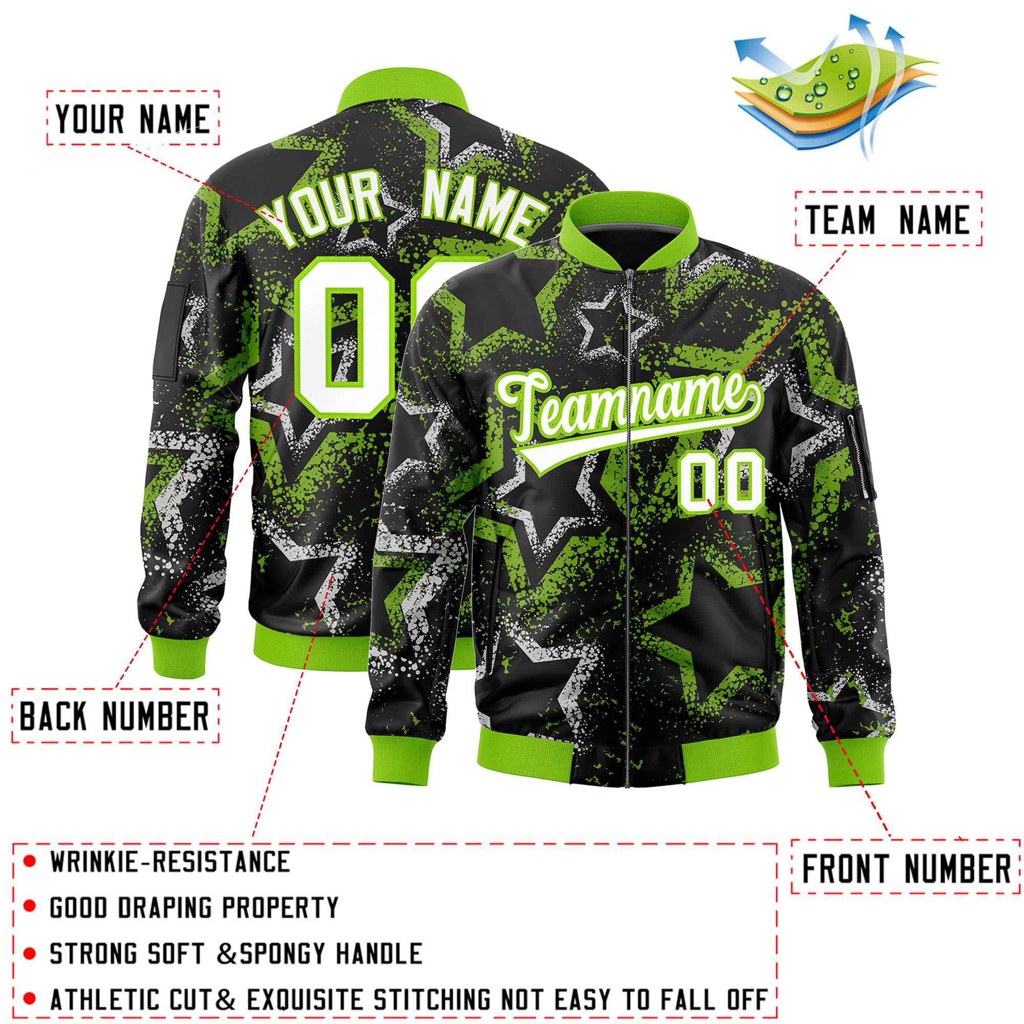 Custom Black Varsity Full-Zip Star Pattern Letterman Bomber Jacket